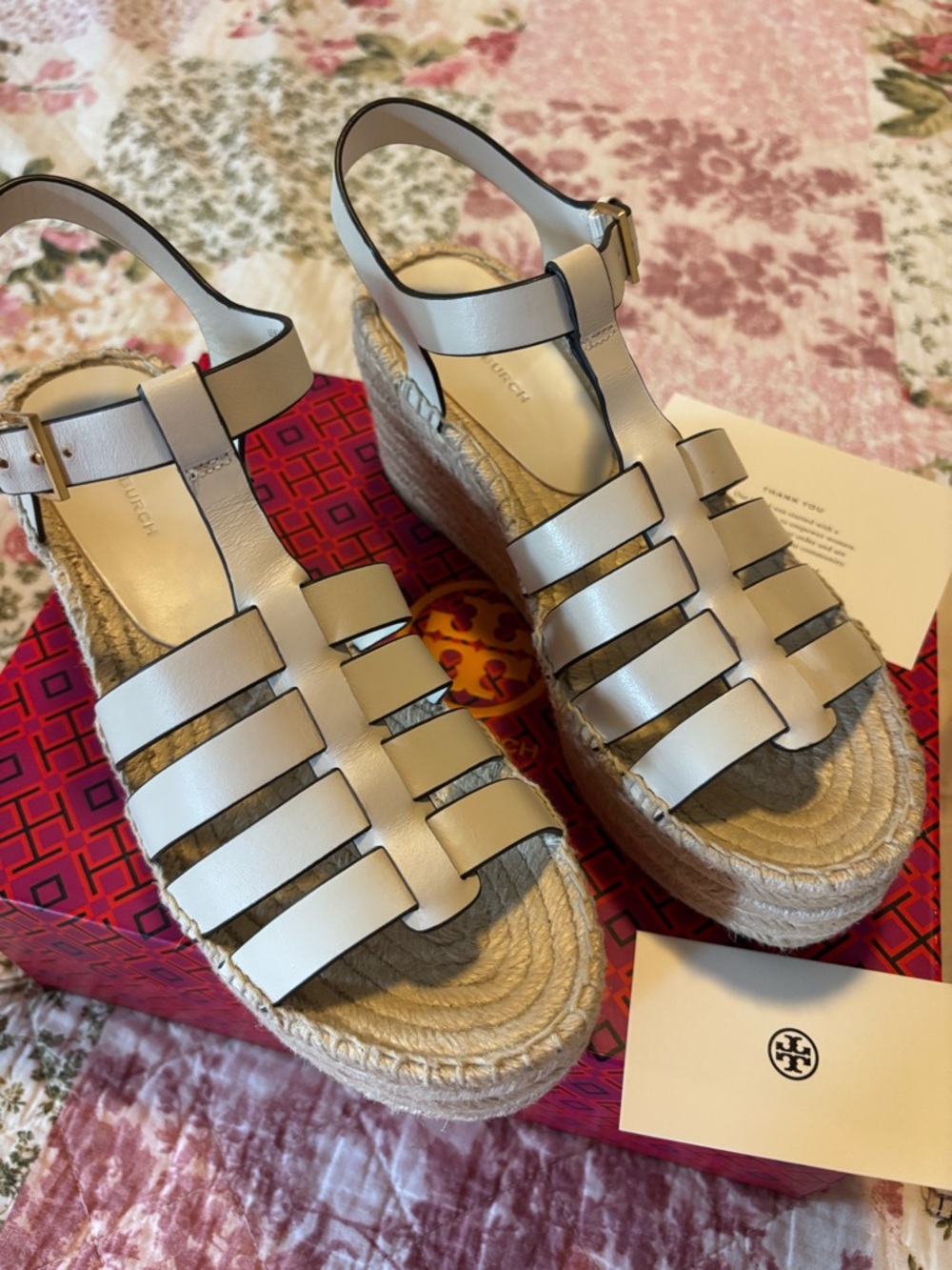 Tory Burch Ivory Vachetta Leather Strappy Espadrille Wedges Sandals - Picture 2 of 16